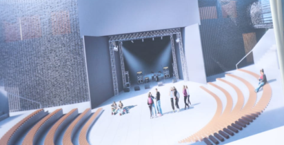 Wizualizacja planowanej rozbudowy Filii nr 1 Młodzieżowego Domu Kultury w Opolu. Przedstawiono nowoczesną przestrzeń plenerową z dużą sceną, schodami i amfiteatralnymi miejscami do siedzenia oraz grupami młodzieży.