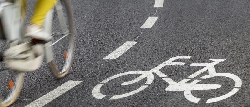 Asfaltowa droga rowerowa, z namalowanym białym rowerem. Po lewej stronie poza ostrością jadąca na rowerze osoba w żółtych spodniach - widać ją do połowy. 