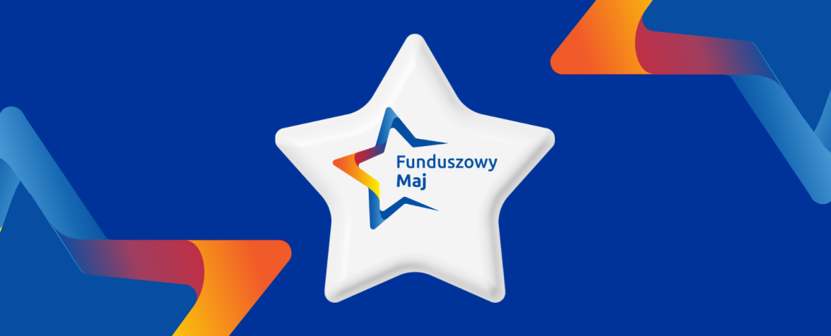 Grafika promocyjna na niebieskim tle z kolorowymi, falującymi elementami w barwach żółtej, pomarańczowej i czerwonej. Na środku znajduje się jasna, trójwymiarowa gwiazda z napisem „Funduszowy Maj”, wewnątrz której widoczny jest mniejszy, stylizowany kontur gwiazdy w kolorach gradientowych.