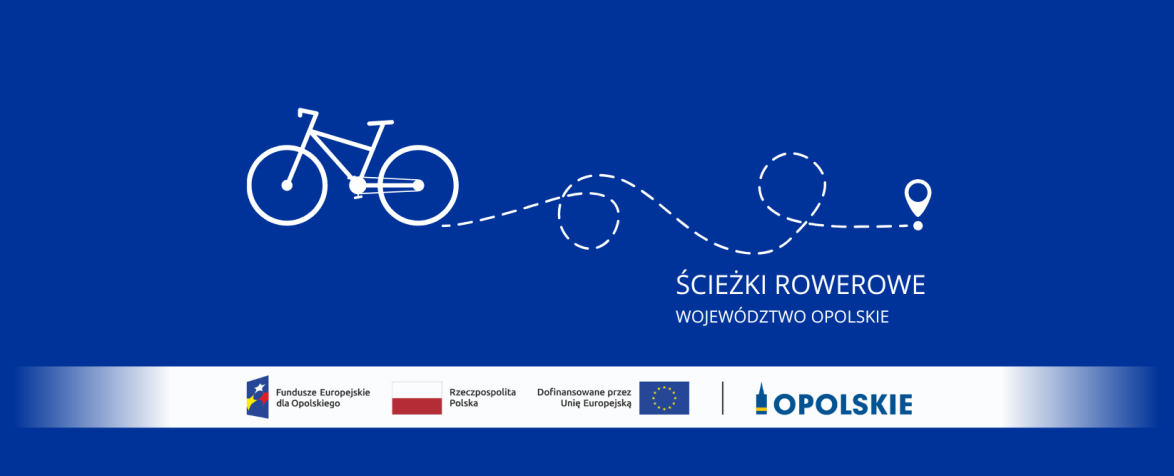 Baner promujący ścieżki rowerowe w województwie opolskim z grafiką roweru, trasą i logotypami programów finansowania