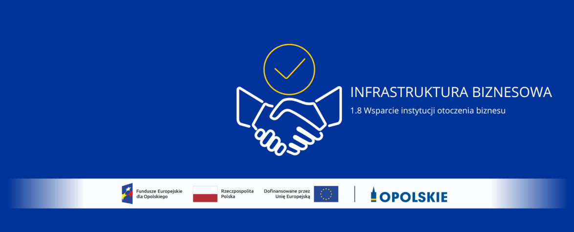 Na niebieskim tle grafika witających się rąk, napis Infrastruktura biznesowa, 1.8 Wsparcie instytucji otoczenia biznesu. Na dole ciąg logotypów 
