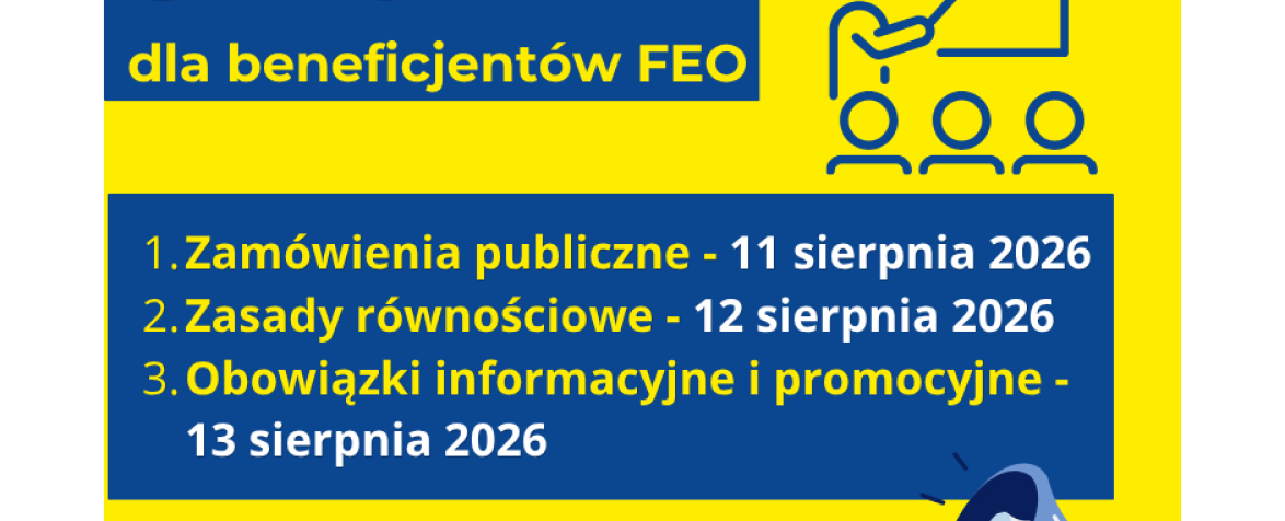 Plakat informacyjny w kolorach niebieskim i żółtym promujący szkolenia dla beneficjentów Funduszy Europejskich dla Opolskiego. Po lewej stronie znajduje się ikona osoby prowadzącej prezentację przed grupą uczestników, a po prawej ikona megafonu. Centralnie umieszczono listę trzech szkoleń z datami: zamówienia publiczne, zasady równościowe oraz obowiązki informacyjne i promocyjne. Na dole widoczne są logotypy Funduszy Europejskich dla Opolskiego, Rzeczypospolitej Polskiej, Unii Europejskiej oraz województwa 