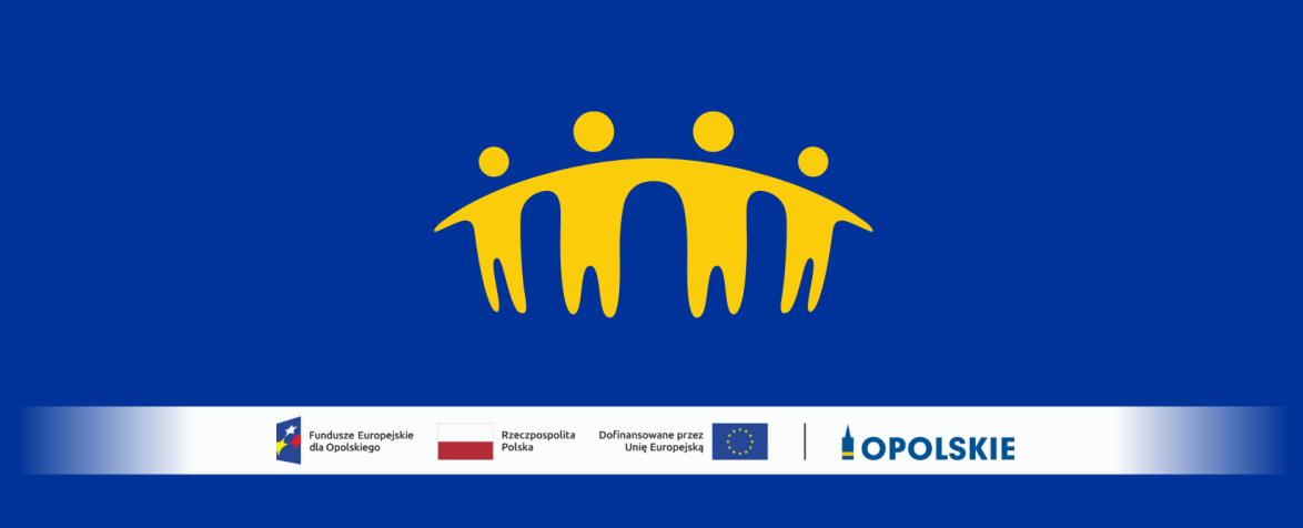 Grafika na granatowym tle przedstawiająca żółty symbol rodziny lub grupy osób oraz na dole biały pasek z logotypami Funduszy Europejskich dla Opolskiego, Rzeczypospolitej Polskiej, Unii Europejskiej i Województwa Opolskiego.