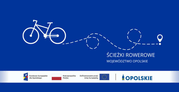 Grafika promująca ścieżki rowerowe w województwie opolskim. Na niebieskim tle widoczny jest biały rysunek roweru jadącego po przerywanej trasie zakończonej pinezką lokalizacji. Obok znajduje się napis „ŚCIEŻKI ROWEROWE – WOJEWÓDZTWO OPOLSKIE”. Na dole umieszczono logotypy Funduszy Europejskich dla Opolskiego, Rzeczypospolitej Polskiej, Unii Europejskiej oraz marki „Opolskie”.