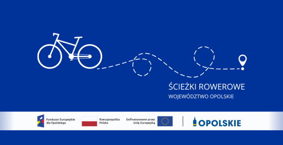 Baner promujący ścieżki rowerowe w województwie opolskim z grafiką roweru, trasą i logotypami programów finansowania