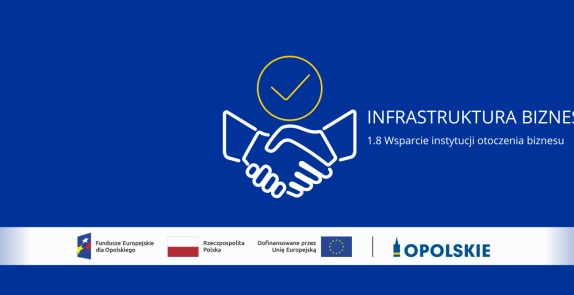 Na niebieskim tle grafika witających się rąk, napis Infrastruktura biznesowa, 1.8 Wsparcie instytucji otoczenia biznesu. Na dole ciąg logotypów 