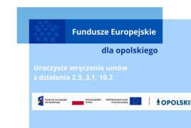 Na niebieskim tle informacja Uroczyste wręczenie umów z działania 2.3, 3.1, 10.2 poniżej ciąg logotypów UE