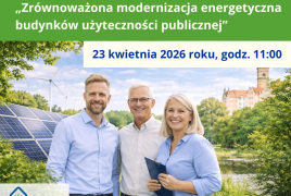 Grafika informująca o konferencji otwierającej projekt „Zrównoważona modernizacja energetyczna budynków użyteczności publicznej”, która odbędzie się 23 kwietnia 2026 r. o godz. 11:00. Na tle zielonego krajobrazu z panelami fotowoltaicznymi i turbiną wiatrową widoczne są trzy osoby, co nawiązuje do tematyki ekologii i odnawialnych źródeł energii.