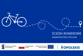Baner promujący ścieżki rowerowe w województwie opolskim z grafiką roweru, trasą i logotypami programów finansowania