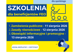 Plakat informacyjny w kolorach niebieskim i żółtym promujący szkolenia dla beneficjentów Funduszy Europejskich dla Opolskiego. Po lewej stronie znajduje się ikona osoby prowadzącej prezentację przed grupą uczestników, a po prawej ikona megafonu. Centralnie umieszczono listę trzech szkoleń z datami: zamówienia publiczne, zasady równościowe oraz obowiązki informacyjne i promocyjne. Na dole widoczne są logotypy Funduszy Europejskich dla Opolskiego, Rzeczypospolitej Polskiej, Unii Europejskiej oraz województwa