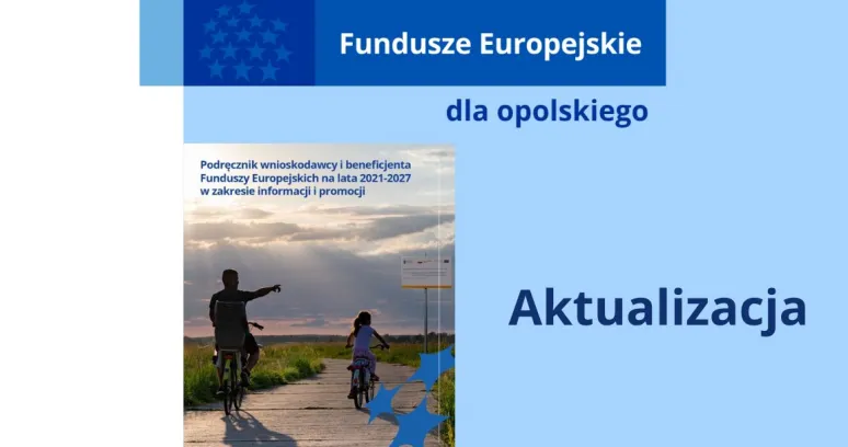 Logo Funduszy Europejskich dla Opolskiego z okładka podręcznika i napisem aktualizacja 