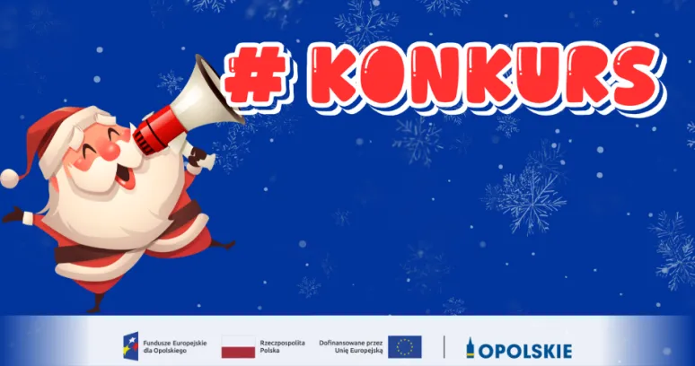 Mikołaj z megafonem, napis: #konkurs