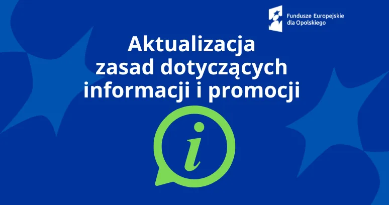 Biały napis na niebieskim tle aktualizacja zasad dot. informacji i promocji