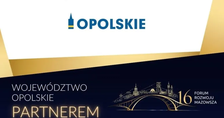 Grafika promująca udział Województwa Opolskiego jako partnera 16. Forum Rozwoju Mazowsza. Na grafice znajduje się logo Opolskie oraz napis „Województwo Opolskie partnerem 16. Forum Rozwoju Mazowsza”. Widoczne jest także logo Forum Rozwoju Mazowsza z ilustracją charakterystycznych warszawskich obiektów i hasłem „Wspólny kierunek rozwoju”.