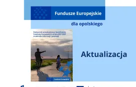 Logo Funduszy Europejskich dla Opolskiego z okładka podręcznika i napisem aktualizacja 