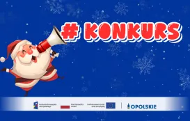 Mikołaj z megafonem, napis: #konkurs