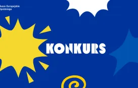 Grafika promująca konkurs. Na niebieskim tle znajduje się duży biały napis „KONKURS”, żółte i niebieskie dekoracyjne gwiazdy oraz logo „Fundusze Europejskie dla Opolskiego” w lewym górnym rogu.
