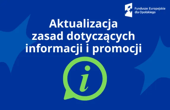 Biały napis na niebieskim tle aktualizacja zasad dot. informacji i promocji